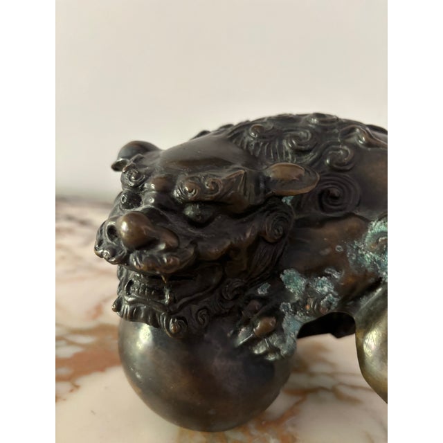 Chinoiserie Early 20th Century Chinese Bronze Foo Dog With Ball For Sale - Image 3 of 12
