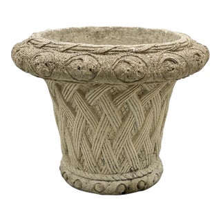 Vintage Cast Stone Basket Weave Garden Planter For Sale