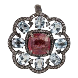 Antique Design Ruby & Blue Topaz Silver Pendant With Diamond Accents- Anniversary Gifts