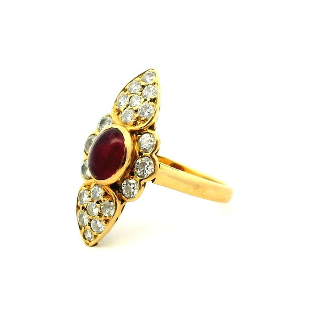 French 1980s Ruby & Diamond Navette Ring in 18k Yellow Gold, Size 6.5 For Sale - Image 9 of 11