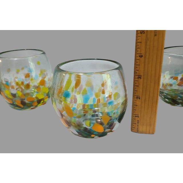 Orange Late 20th Century Colorful Confetti Hand Blown Art Glass Lowball Glasses- Set of 4 For Sale - Image 8 of 9