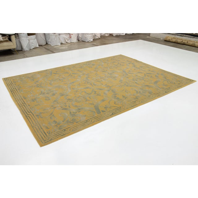 Handmade Needlepoint Wool & Silk Rug in Green and Gold Color With Allover Design For Sale - Image 4 of 9