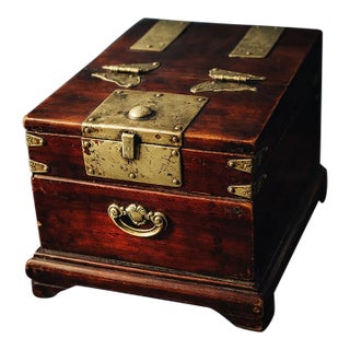 Antique Korean Joseon Dynasty Vanity Box | 19th Century Campaign Style Traveling Mirror Chest | Moody Dark Wood & Brass Relic For Sale