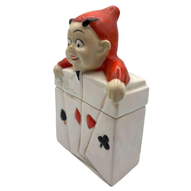 Art Deco German Mid-Century Ceramic Devil Card/Tobacco Case W/ Lid For Sale - Image 3 of 6