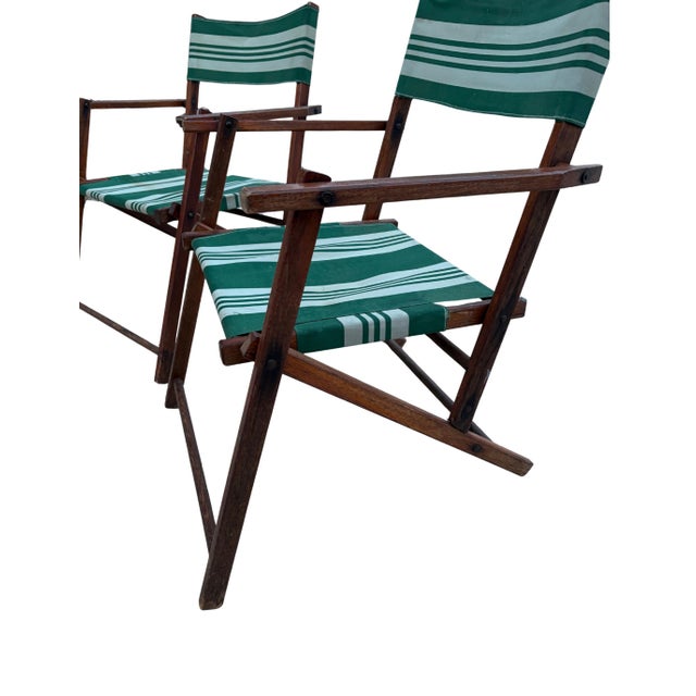Mid 20th Century Mid 20th Century Folding Patio Chairs Pair – Stained Wood With Green & White Canvas, A Pair For Sale - Image 5 of 12