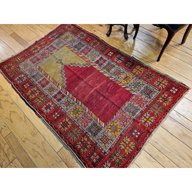 Textile Vintage Turkish Anatolian Prayer Rug, Handwoven Wool, Early 1900s, 4' x 6' For Sale - Image 7 of 10