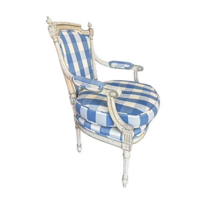 Mid 20th Century Carved Armchair With Blue Gingham Upholstery For Sale - Image 4 of 12