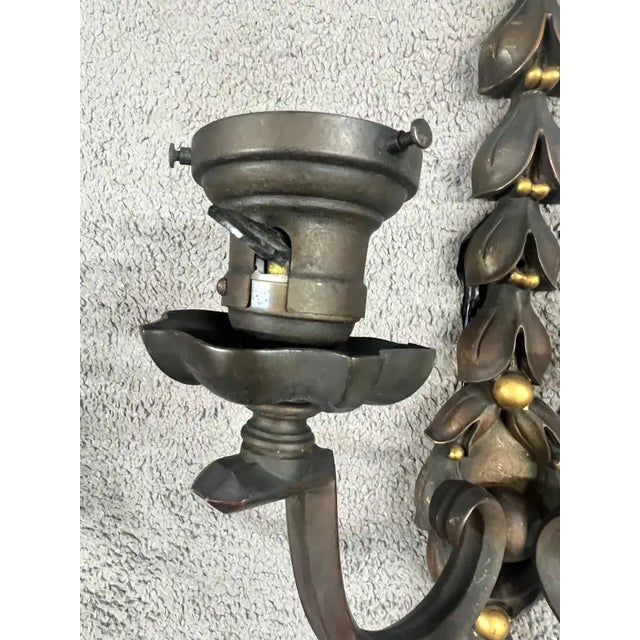 1930s Art Nouveau Two Arms Bronze W Frosted Milk Glass Shades Wall Sconce, a Set of 3 For Sale - Image 9 of 13