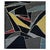 A floor-scale Cubist composition. Charcoal black planes shatter into angular shards across the field, each edge traced in...