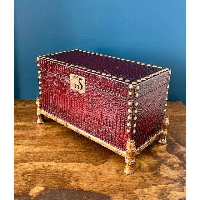 Vintage Faux Crocodile Trunk Box, Brass Studded With Bamboo-Style Feet, 1970s For Sale In New York - Image 6 of 17