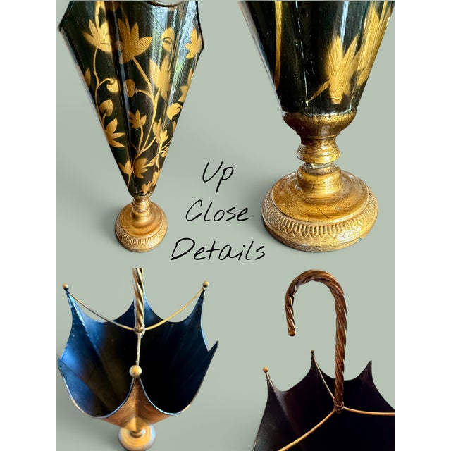 1950s Vintage Italian Toleware Umbrella Stand-Black-Gold-Floral-Metal-Holder-Cane For Sale - Image 5 of 10