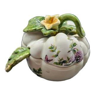 Vintage Kaldun & Bogle Porcelain Pumpkin Bowl and Spoon Set For Sale