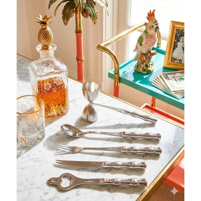 Chinoiserie Mid-Century Stainless Steel Bamboo Bar Tool Set by Goodwood in Orig. Box -Vintage Barware for Palm Beach Regency & Grandmillennial Style For Sale - Image 3 of 12