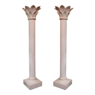 1980s Plaster Palm Tree Torchiere Column Floor Lamps - a Pair For Sale