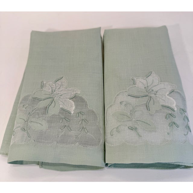 Pair Vintage Pale Pistachio Madeira Linen & Organza Fingertip Towels For Sale - Image 12 of 17