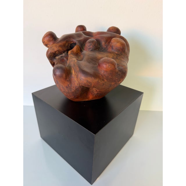 Striking 1980s vintage abstract sculpture hand-carved from richly figured burlwood. The organic form features rounded...
