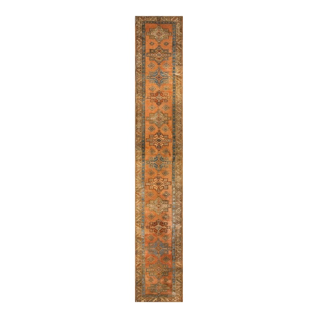 1920s Salmon Geometric Antique Nw Persian Karajeh 2'10'' X 17'10'' Rug Knotted Wool Carpet Runner For Sale