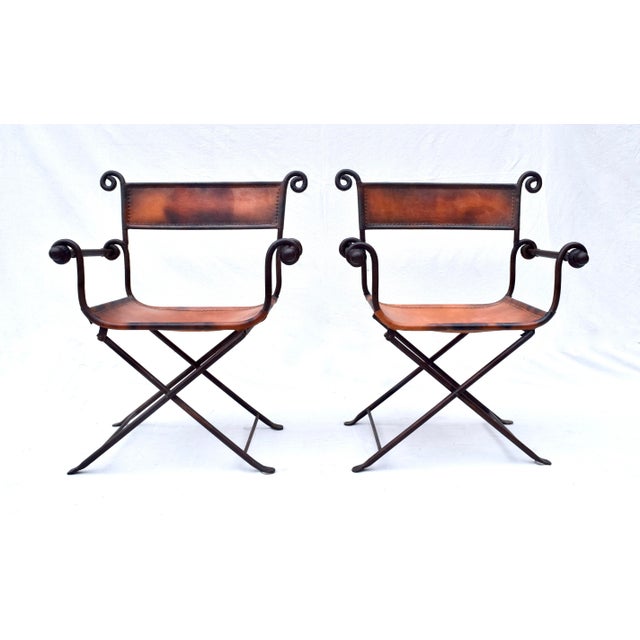 A Pair of Italian Savonarola Iron & Leather Campaign Chairs For Sale - Image 12 of 12