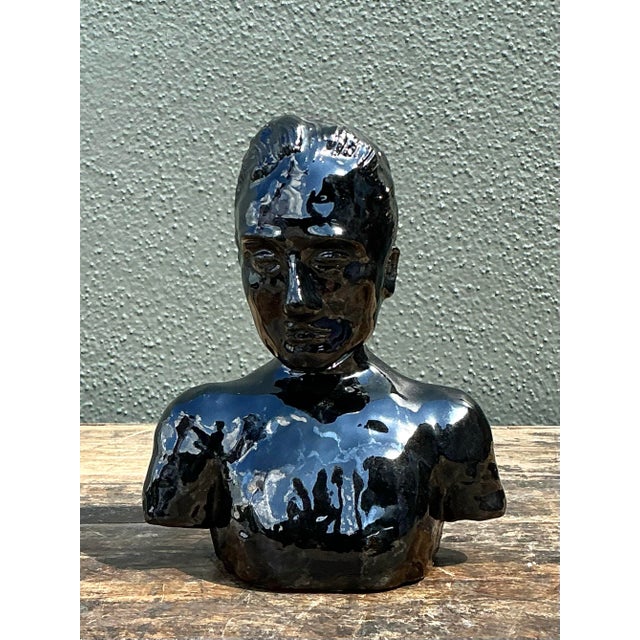 Vintage Glazed Ceramic Bust of Man For Sale - Image 10 of 12