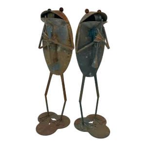 Pair of Vintage Tin Metal Frogs Garden Ornaments