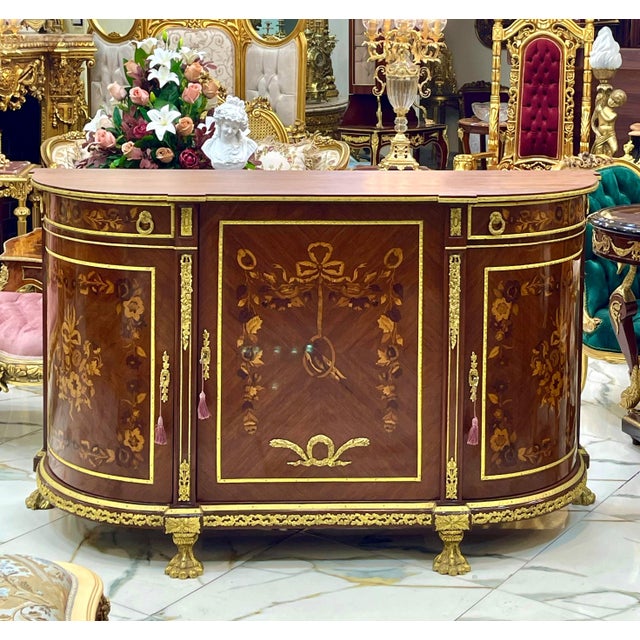 Grand French Louis XVI-Style Commode – Floral Marquetry, Marble Top & Gilded Decorative Details For Sale - Image 4 of 4