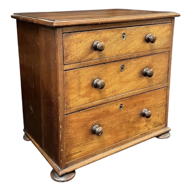 Antique 19th Century Mahogany Miniature Chest of Drawers W/ Bun Feet & Key For Sale