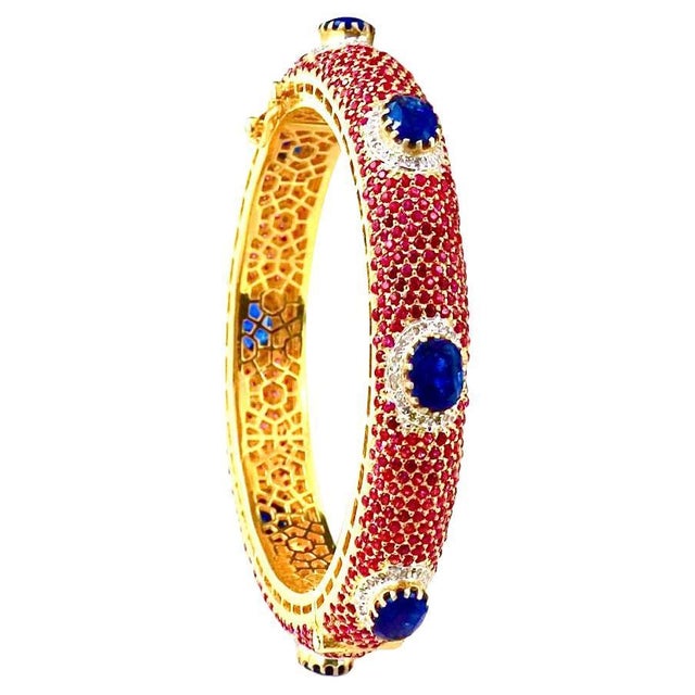 Gemstone Bochic “Capri” Vintage Ruby, Sapphire & Diamond Bangle Set In 18K Gold & Silver For Sale - Image 7 of 11