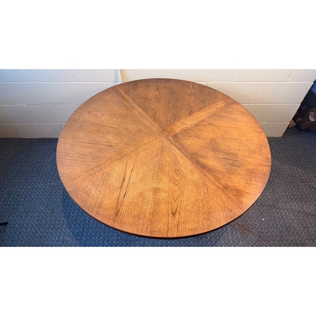 Brown 1970s Henredon 44” Round Game Table With Starburst Oak Top & Brass Mounted Base For Sale - Image 8 of 13