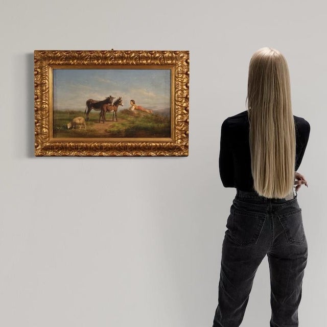 Italian painting dated 1875. Oil on canvas, first canvas, artwork depicting a bucolic landscape, a young shepherd with...