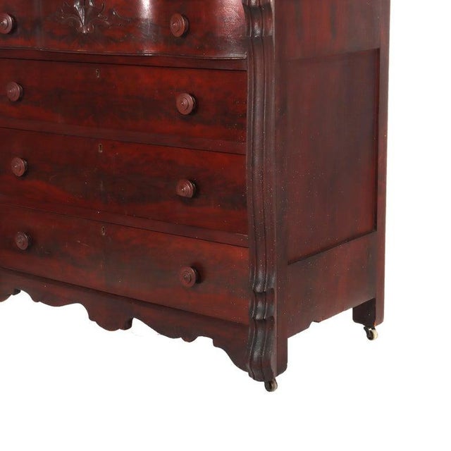 Antique Belter School Rococo Revival Carved Flame Mahogany Four-Drawer Marble Top Chest With Mirror C1880 Measures - 77" x...