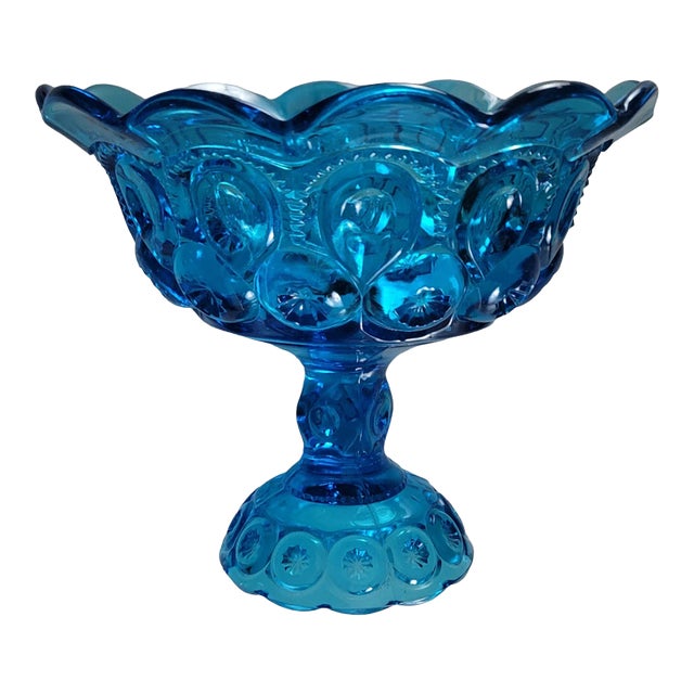 1960's Blue l.e. Smith Moon and Stars Pedestal Compote For Sale