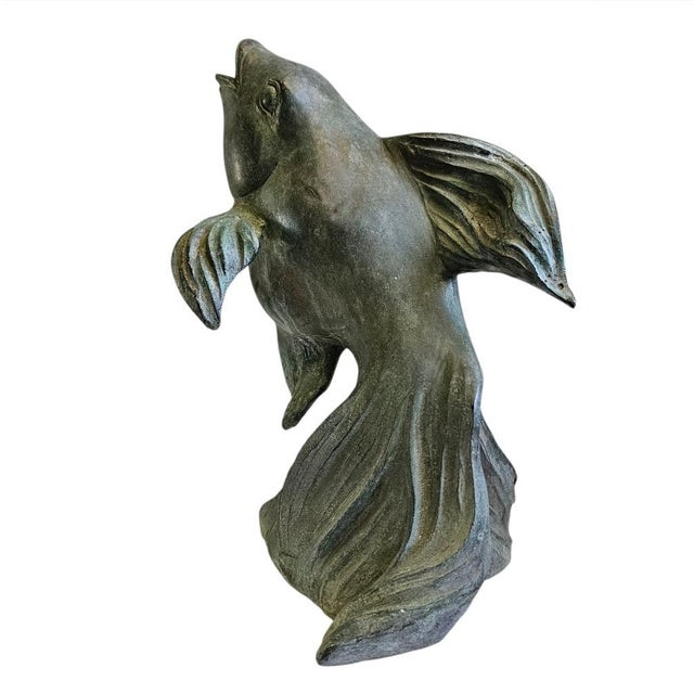 Verdigris 1950s Japanese Art Bronze Fly Koi Fish Garden Sculptures - Set of 2 For Sale - Image 8 of 12