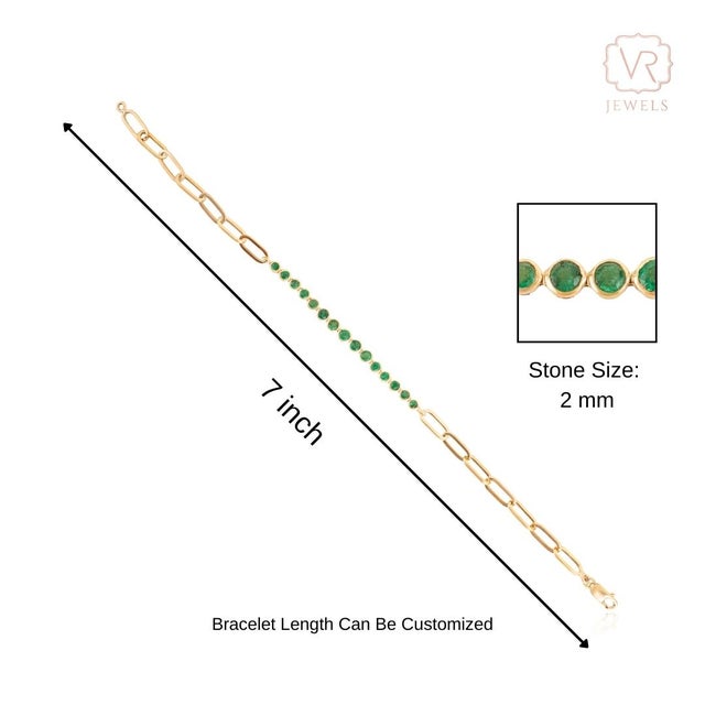 Vivid Green Zambian Emerald Paperclip Chain Bracelet in 14k Yellow Gold- 7 Inches For Sale - Image 9 of 14