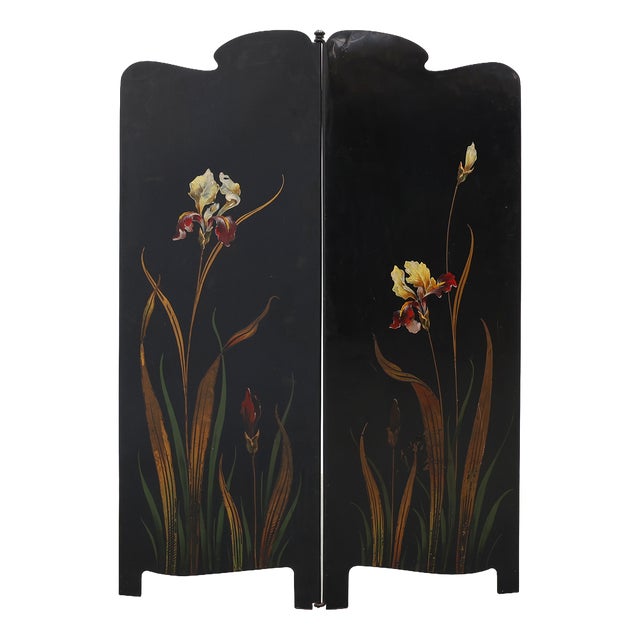 Art Nouveau Black Lacquered Two-Panel Screen with Hand-Painted Irises, France, 1890s For Sale