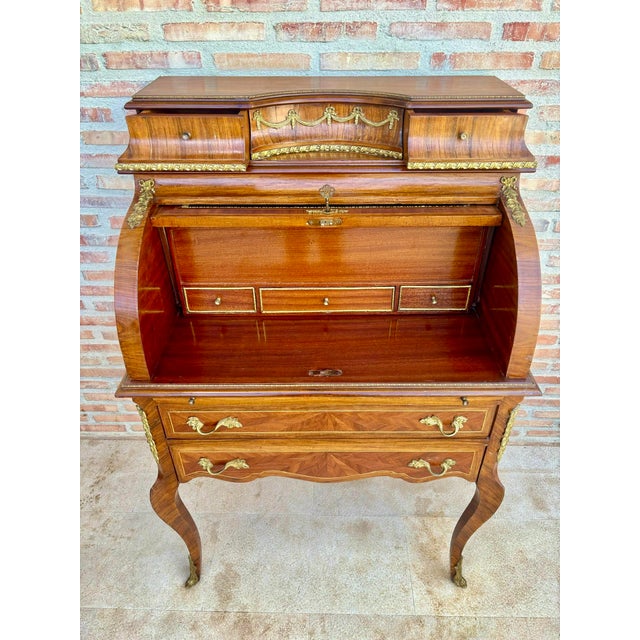 Wood 1930s French Louis XV Style Marquetry Bureau With Brass Mounts For Sale - Image 7 of 11