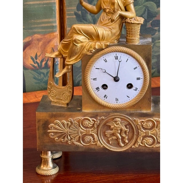 19th Century French Empire Gilt Bronze Figural Mantel Clock For Sale - Image 4 of 11