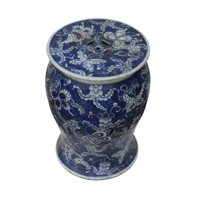 1990s Distressed Blue & White Porcelain Round Butterflies Stool Side Table For Sale - Image 5 of 7