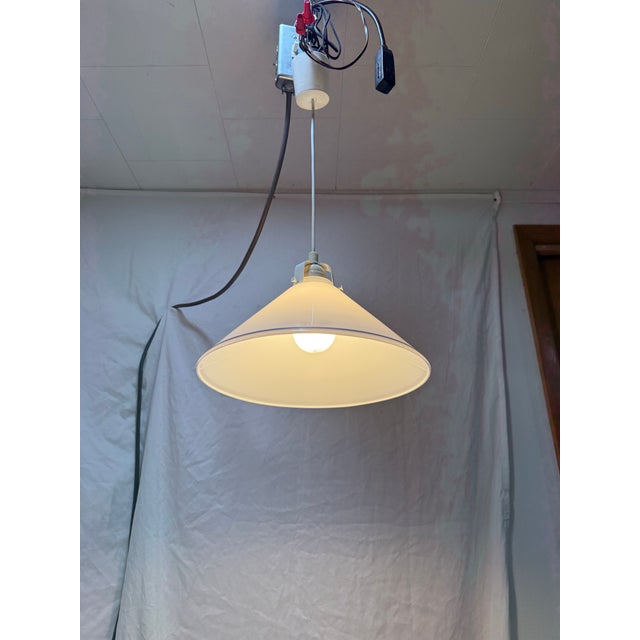 Vintage Cone Shaped Milk Glass Pendant Light Fixture White With Blue Ring For Sale - Image 4 of 8