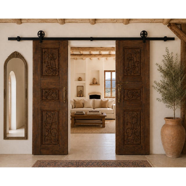 This Antique Indian Carved Teakwood Door is handcrafted from solid teakwood, featuring beautiful Art Noveau style...
