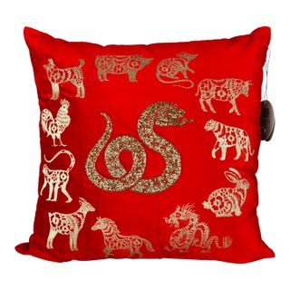 Callisto Home Pillow 22" X 22" Red Snake & Zodiac Signs Embroidered For Sale