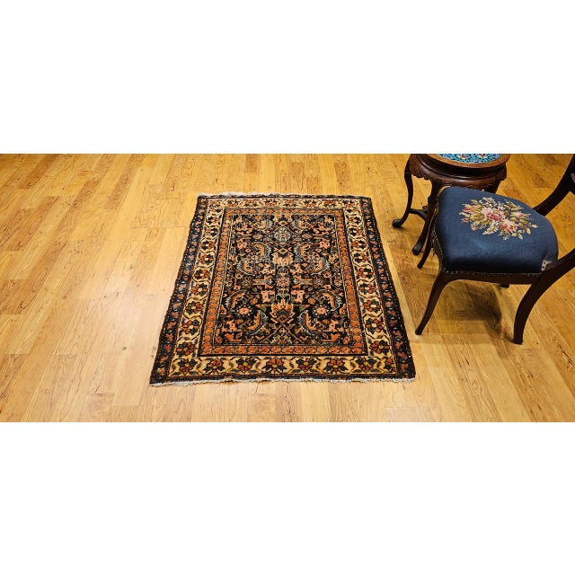 Persian Vintage Persian Malayer Area Rug, Hand-Knotted Wool, Geometric Pattern, 4x4, Navy & Ivory For Sale - Image 3 of 14