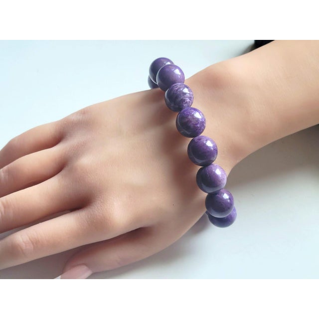 Purple Charoite Beaded Stretch Bracelet by Noblesse Oblige Studio, 9" For Sale - Image 8 of 10