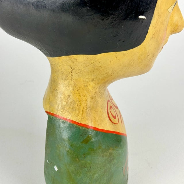 Mid 19th Century French Marotte/Milliner Mannequin Bust in Green Dress & Black Hair For Sale - Image 9 of 11