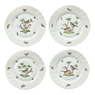 1980s Herend “Rothschild Bird” Set of 4 Bone China Dinner Plates For Sale