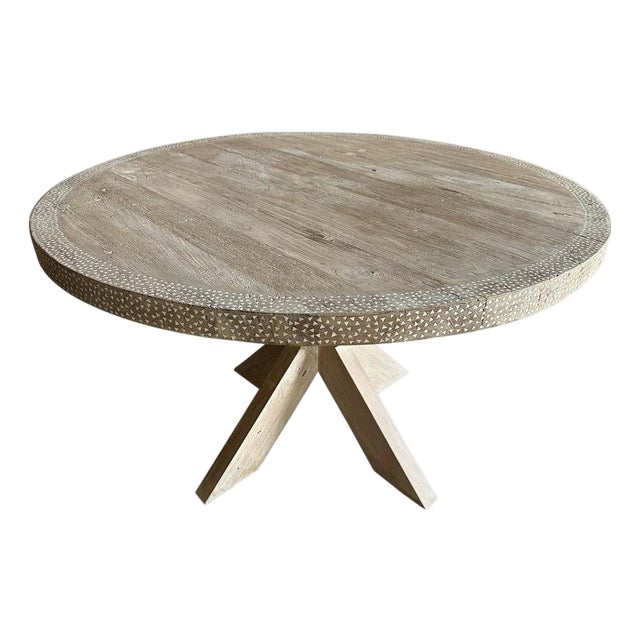 Andrianna Shamaris Round Shell Inlaid Teak Wood Table For Sale