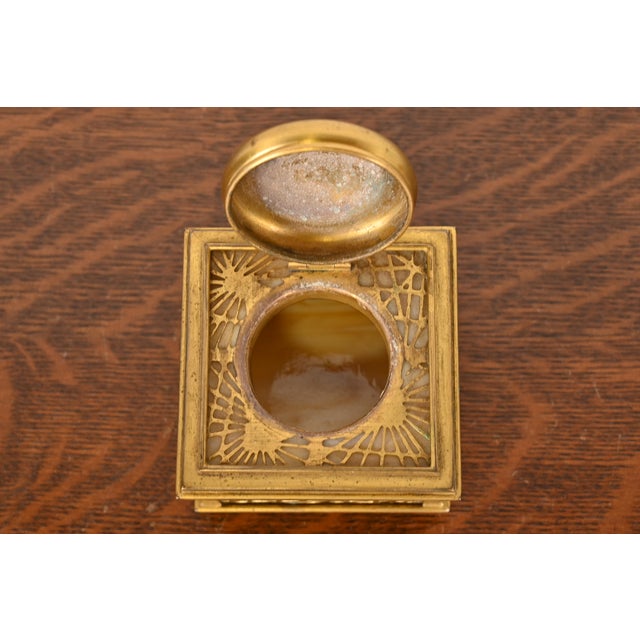 Tiffany Studios New York Pine Needle Bronze Doré and Favrile Slag Glass Inkwell For Sale In South Bend - Image 6 of 12