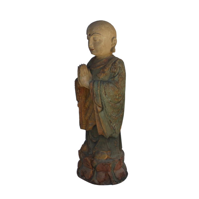 Chinese Rustic Wood Standing Lohon Monk Statue Chairish