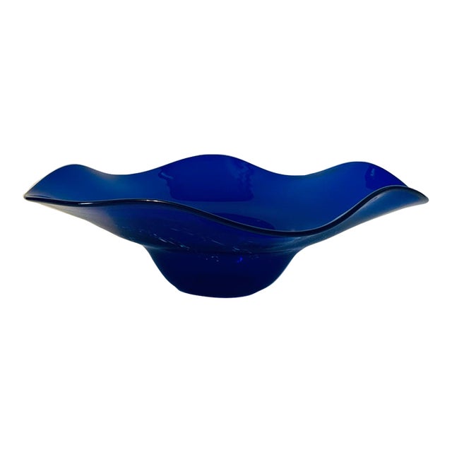 1988 Signed Brian Higer Postmodern Cobalt Blue Glass Wave Centerpiece Bowl For Sale
