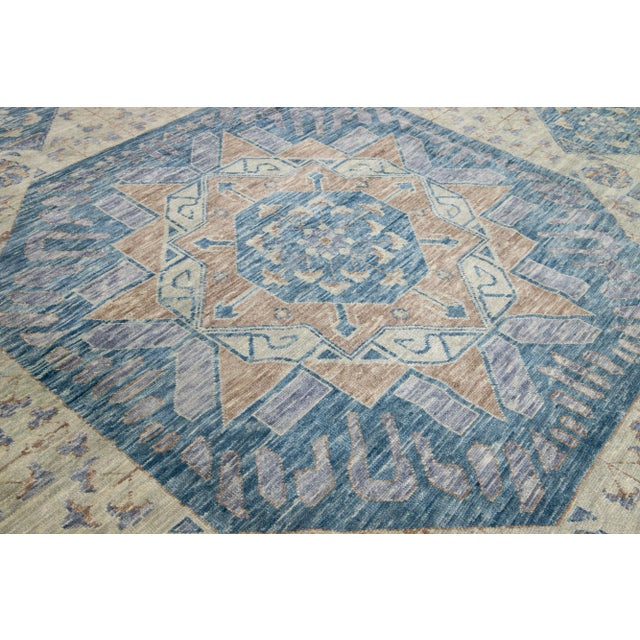 Textile Gray Modern Mamluk Oversize Wool Rug With Geometric Blue Design For Sale - Image 7 of 9