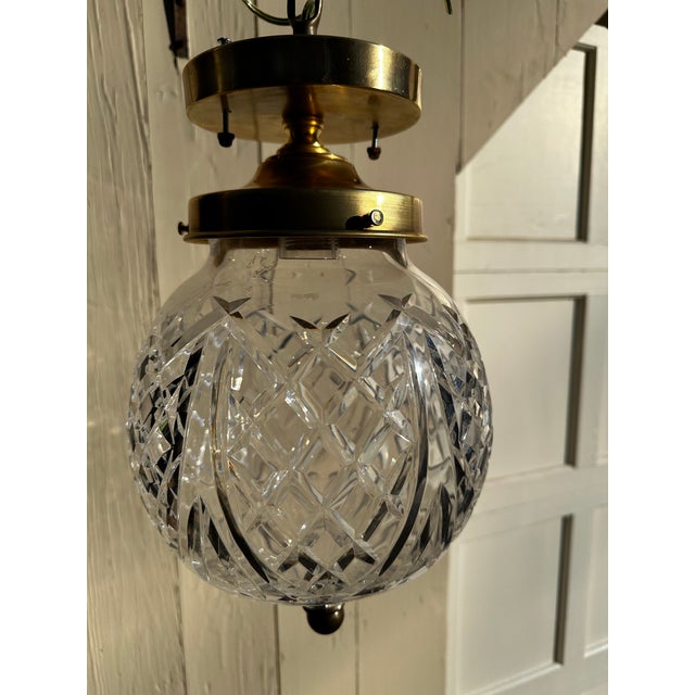 Vintage Signed Waterford Crystal Shade With Brass Flushmount Ceiling Fixture For Sale In New York - Image 6 of 6